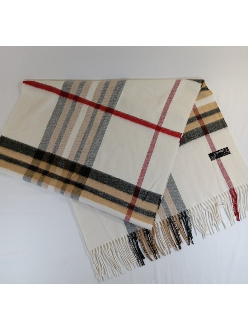Cashmink V. FRAAS Plaid Scarf Shawl Cream Black Tan Red Fringe 74x22" SOFT
